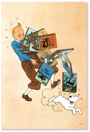 Affiche de Tintin tenant des albums