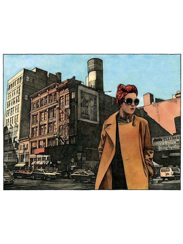 Estampe pigmentaire Miles Hyman: 6th Avenue 40X40 encadrée