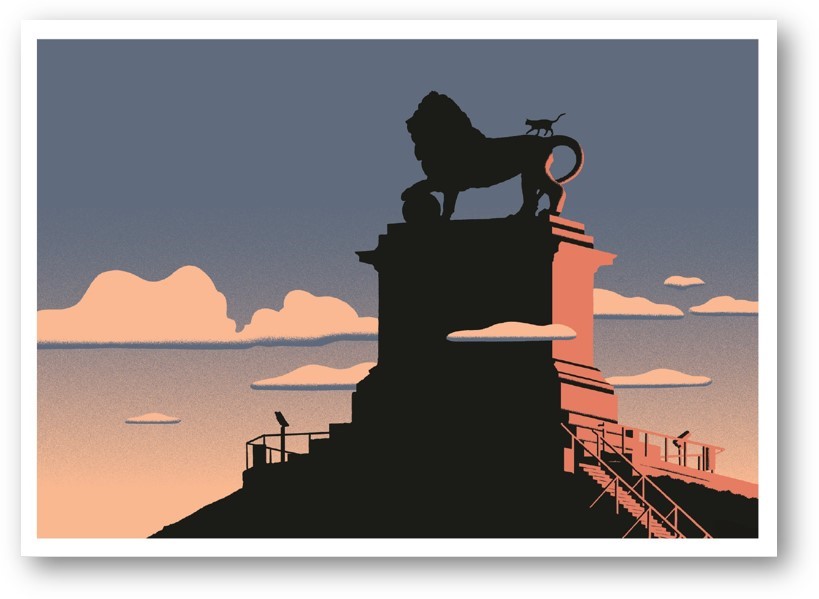 Estampe pigmentaire "Le lion et le chat de Waterloo" par David Merveille - format paysage