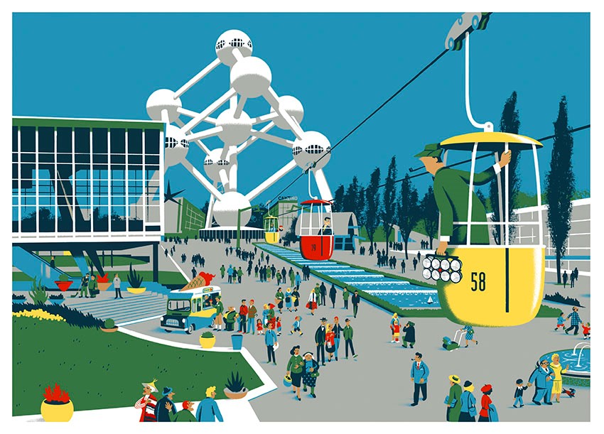 Estampe exclusive 80x110 Mr Hulot à L'Expo 58 Atomium par David Merveille - signée et limitée