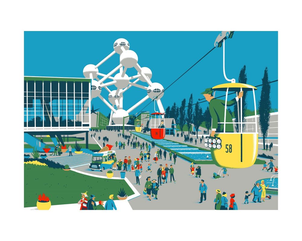 Estampe exclusive Mr Hulot à L'Expo 58 Atomium par David Merveille - 40x50 cm, signée et limitée
